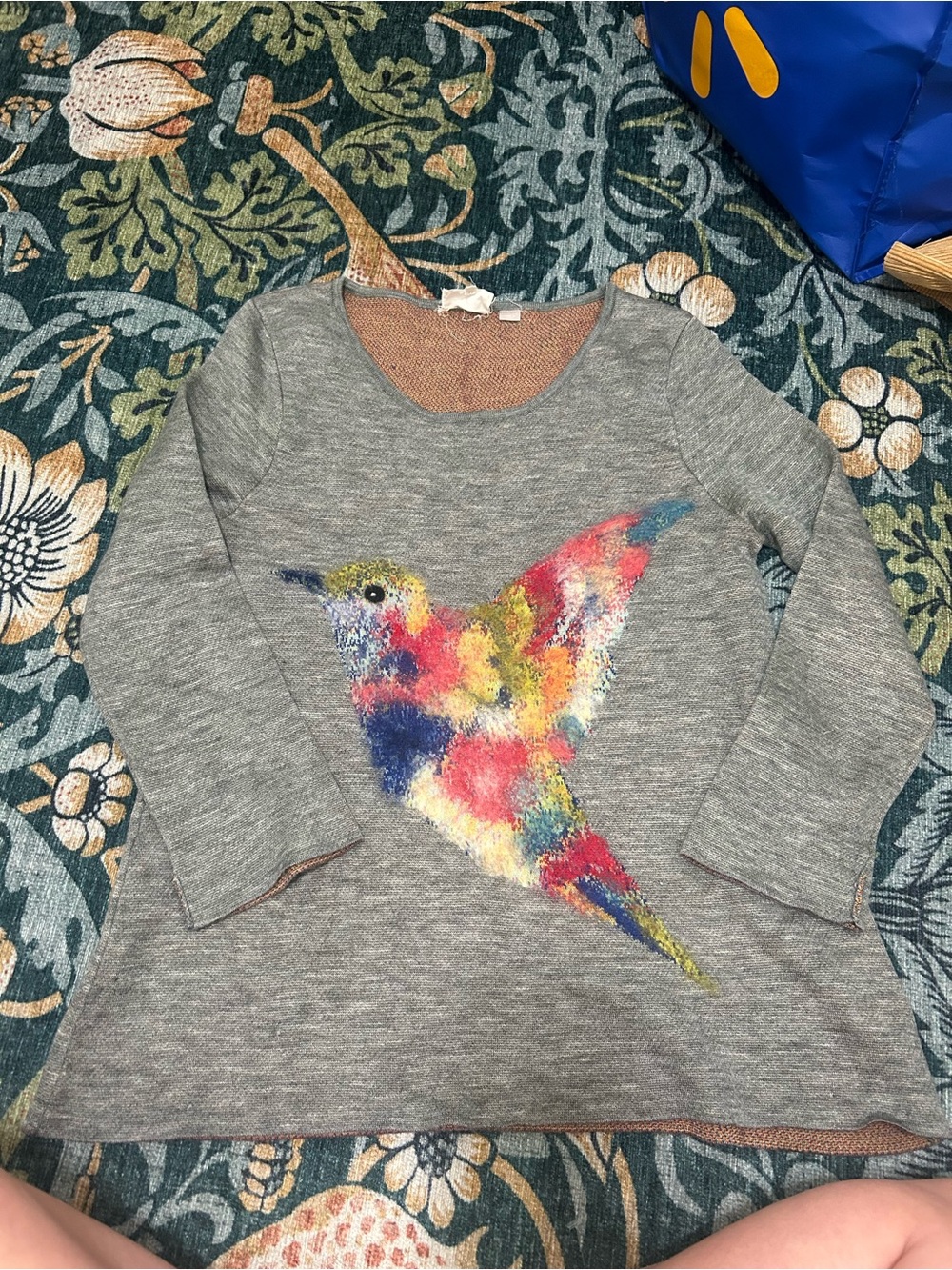 Anthropologie Gray Long-Sleeve Top with Multicolor Hummingbird